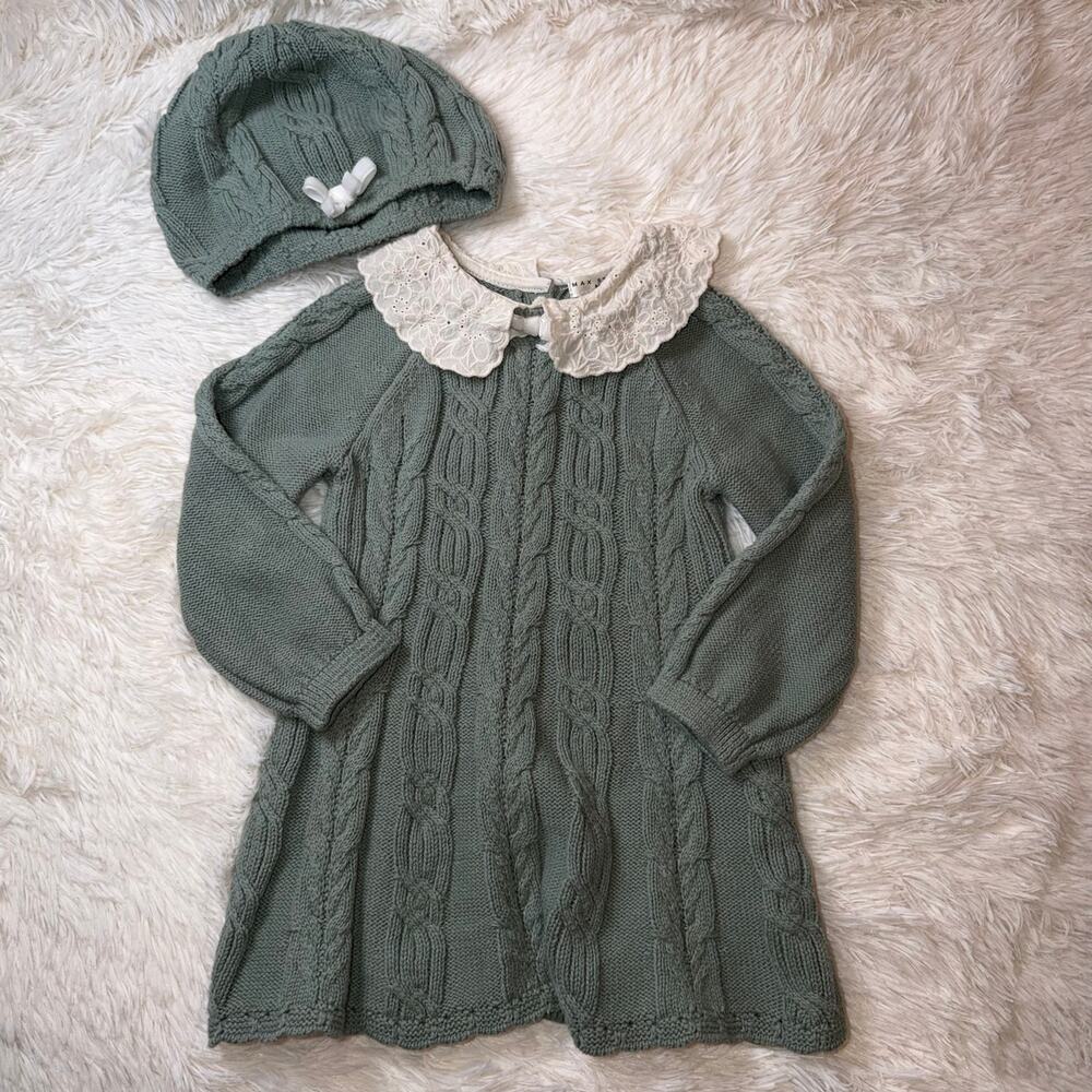 Baby Girl Knit Dress & Hat Set Max Studio Kids 18M Sage Green Cable  Dress